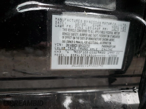 2021 Nissan Sentra SV with VIN 3N1AB8CV1MY203790, listed as a Copart auction lot 85794494 with 37,625 mi miles and Non repairable. Bid and sale history available at DreamBid. Image 14.