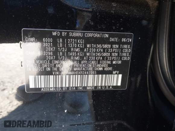 2024 Subaru Ascent Onyx with VIN 4S4WMAHDXR3447065, listed as a IAAI auction lot 41337362 with 7,148 mi miles and . Bid and sale history available at DreamBid. Image 9.