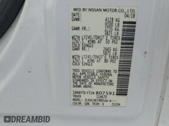 2018 Nissan NV Cargo S z VIN 1N6BF0LY3JN807591, wystawiony jako Copart lot #50203115 z przebiegiem 172 276 mil mil oraz Czysty tytuł • Clean title. Historia ofert i sprzedaży dostępna na DreamBid. Obrazek 13.