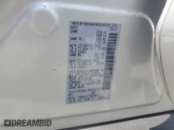 2016 Nissan Rogue SV with VIN 5N1AT2MT0GC743287, listed as a Copart auction lot 54707535 with 86,901 mi miles and Salvage Title. Bid and sale history available at DreamBid. Image 14.