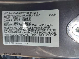 2024 Acura Integra Technology with VIN 19UDE4G71RA024457, listed as a IAAI auction lot 42244320 with 8,778 mi miles and . Bid and sale history available at DreamBid. Image 9.