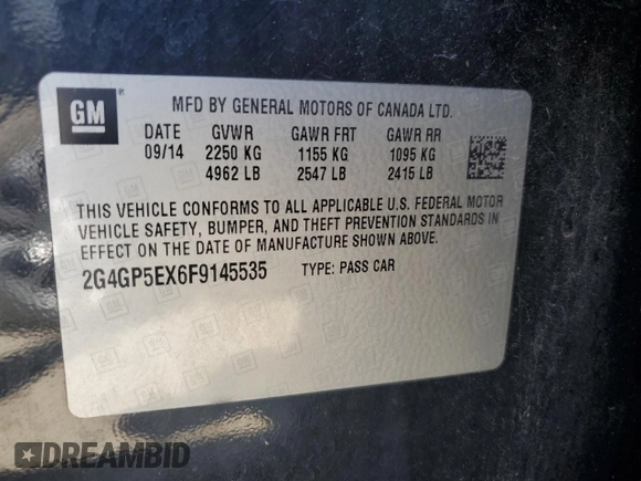 2015 Buick Regal Premium I with VIN 2G4GP5EX6F9145535, listed as a Copart auction lot 62234985 with 82,680 mi miles and Salvage title. Bid and sale history available at DreamBid. Image 12.