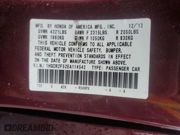 2014 Honda Accord Sport with VIN 1HGCR2F52EA114540, listed as a Copart auction lot 51915415 with 118,784 mi miles and Salvage Title. Bid and sale history available at DreamBid. Image 14.