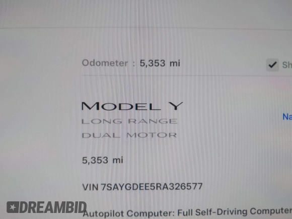 2024 Tesla Model Y Long Range z VIN 7SAYGDEE5RA326577, wystawiony jako IAAI lot #41531364 z przebiegiem 5353 mil mil oraz . Historia ofert i sprzedaży dostępna na DreamBid. Obrazek 15.