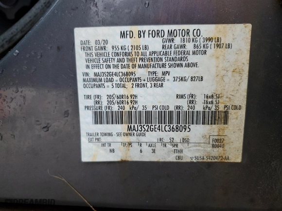 2020 Ford EcoSport SE with VIN MAJ3S2GE4LC368095, listed as a Copart auction lot 44808225 with 0 mi miles and Salvage Title. Bid and sale history available at carsss.com. Image 14.