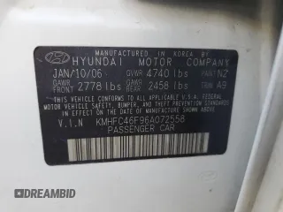 2006 Hyundai Azera SE with VIN KMHFC46F96A072558, listed as a Copart auction lot 57644625 with 156,743 mi miles and Salvage title. Bid and sale history available at DreamBid. Image 12.