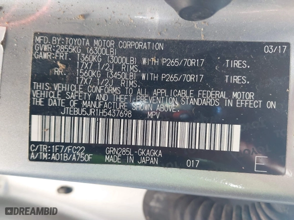 2017 Toyota 4Runner SR5 with VIN JTEBU5JR1H5437698, listed as a IAAI auction lot 41405844 with 117,667 mi miles. Bid and sale history available at carsss.com. Image 9.