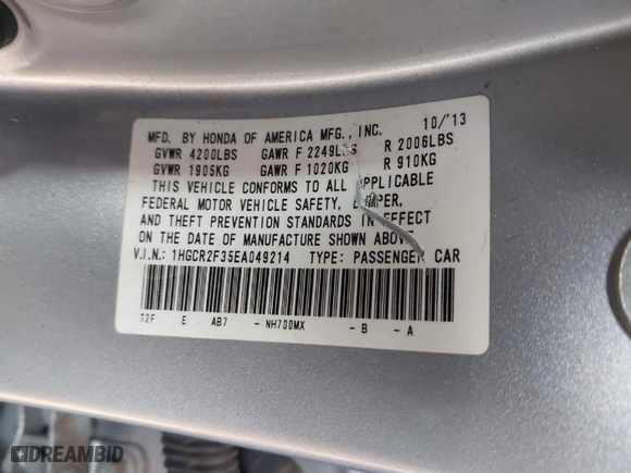 2014 Honda Accord Sedan LX with VIN 1HGCR2F35EA049214, listed as a IAAI auction lot 41625892 with 42,713 mi miles. Bid and sale history available at carsss.com. Image 9.