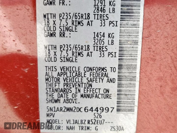 2013 Nissan Pathfinder SV with VIN 5N1AR2MN2DC644997, listed as a Copart auction lot 62275815 with 108,999 mi miles and Clean title. Bid and sale history available at DreamBid. Image 13.