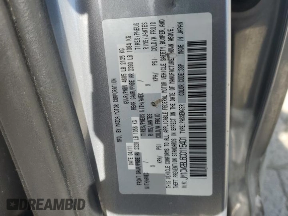 2012 Mazda 5 Sport with VIN JM1CW2BL6C0115401, listed as a Copart auction lot 57275225 with 144,311 mi miles and Non repairable. Bid and sale history available at DreamBid. Image 12.