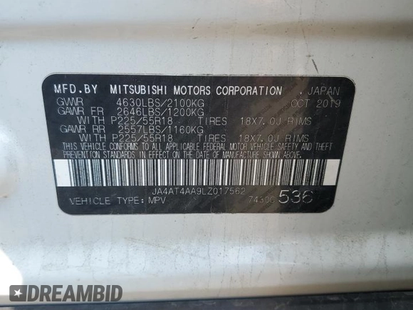 2020 Mitsubishi Eclipse Cross LE with VIN JA4AT4AA9LZ017562, listed as a Copart auction lot 60271085 with 168,453 mi miles and Salvage title. Bid and sale history available at DreamBid. Image 13.