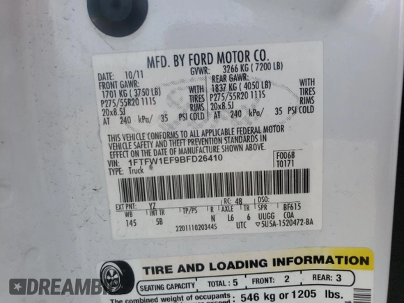2011 Ford F-150 XL with VIN 1FTFW1EF9BFD26410, listed as a Copart auction lot 62539545 with 154,925 mi miles and Salvage title. Bid and sale history available at DreamBid. Image 13.