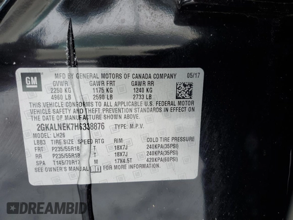 2017 GMC Terrain SLE with VIN 2GKALNEK7H6338876, listed as a Copart auction lot 45850835 with 98,304 mi miles and Salvage Title. Bid and sale history available at carsss.com. Image 13.
