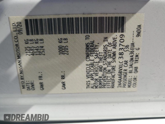 2020 Nissan Maxima S with VIN 1N4AA6BVXLC383709, listed as a Copart auction lot 52144125 with Not provided miles and Salvage title. Bid and sale history available at DreamBid. Image 14.