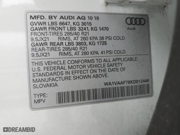 2019 Audi Q7 Prestige with VIN WA1VAAF76KD012446, listed as a Copart auction lot 88933645 with 64,480 mi miles and Salvage Title. Bid and sale history available at carsss.com. Image 13.