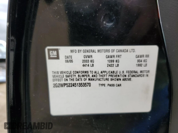 2005 Pontiac Grand Prix z VIN 2G2WP522451353570, wystawiony jako Copart lot #54862415 z przebiegiem 221 492 mil mil oraz Szkoda całkowita • Salvage title. Historia ofert i sprzedaży dostępna na DreamBid. Obrazek 12.