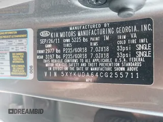 2012 Kia Sorento EX with VIN 5XYKUDA64CG255711, listed as a IAAI auction lot 42625704 with 149,625 mi miles and . Bid and sale history available at DreamBid. Image 9.