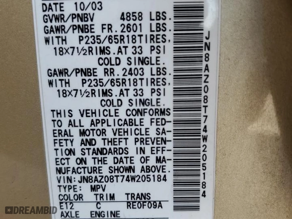 2004 Nissan Murano SL with VIN JN8AZ08T74W205184, listed as a Copart auction lot 75888294 with 143,393 mi miles and Salvage Title. Bid and sale history available at carsss.com. Image 13.