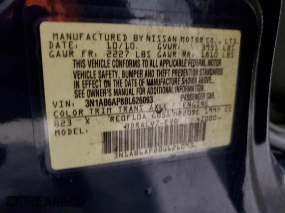 2011 Nissan Sentra SL with VIN 3N1AB6AP8BL626093, listed as a Copart auction lot 87270584 with 91,143 mi miles and Salvage Title. Bid and sale history available at DreamBid. Image 12.