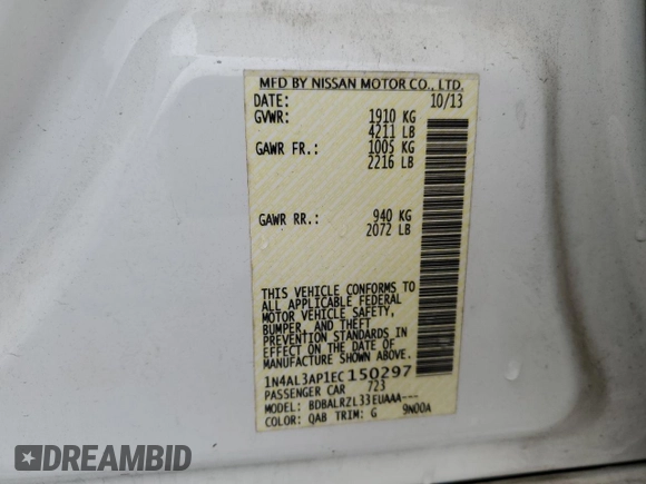 2014 Nissan Altima 2.5 S with VIN 1N4AL3AP1EC150297, listed as a Copart auction lot 53560075 with 154,851 mi miles and Salvage Title. Bid and sale history available at carsss.com. Image 12.