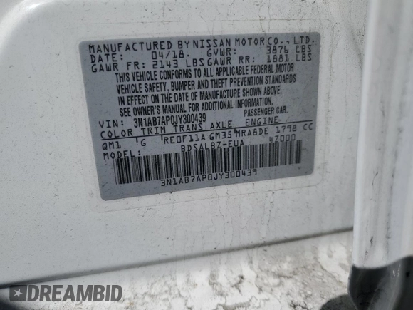 2018 Nissan Sentra SR with VIN 3N1AB7AP0JY300439, listed as a Copart auction lot 50520865 with 117,528 mi miles and Salvage Title. Bid and sale history available at DreamBid. Image 12.