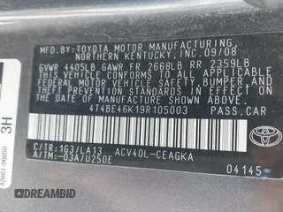 2009 Toyota Camry with VIN 4T4BE46K19R105003, listed as a IAAI auction lot 41832045 with 96,000 mi miles and . Bid and sale history available at carsss.com. Image 9.
