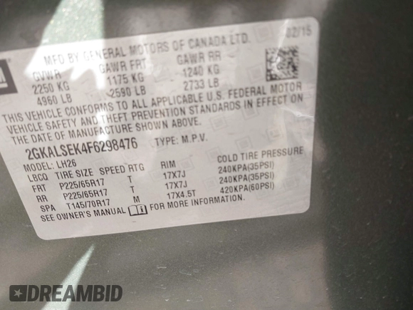 2015 GMC Terrain SLT with VIN 2GKALSEK4F6298476, listed as a IAAI auction lot 41455823 with 60,904 mi miles. Bid and sale history available at carsss.com. Image 9.