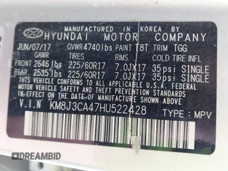 2017 Hyundai Tucson SE with VIN KM8J3CA47HU522428, listed as a IAAI auction lot 41985111 with 86,890 mi miles. Bid and sale history available at carsss.com. Image 9.