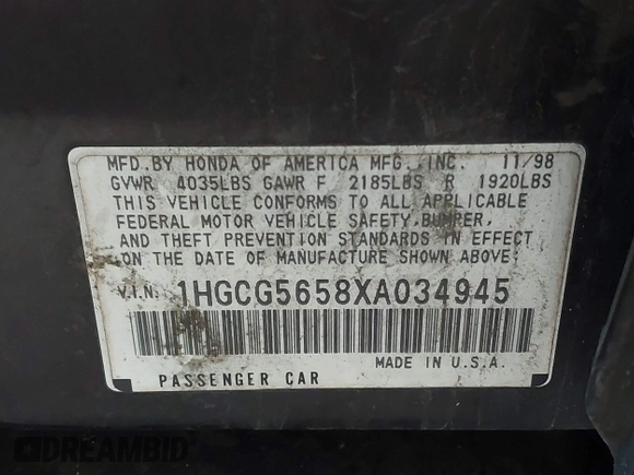 1999 Honda Accord EX z VIN 1HGCG5658XA034945, wystawiony jako IAAI lot #41687146 z przebiegiem 234 497 mil mil oraz . Historia ofert i sprzedaży dostępna na DreamBid. Obrazek 9.
