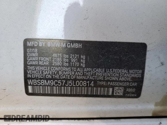 2018 BMW M3 z VIN WBS8M9C57J5L00814, wystawiony jako Copart lot #48780425 z przebiegiem 61 711 mil mil oraz Szkoda całkowita • Salvage title. Historia ofert i sprzedaży dostępna na DreamBid. Obrazek 13.