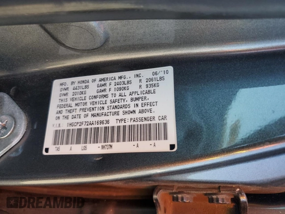 2010 Honda Accord EX with VIN 1HGCP2F72AA169636, listed as a Copart auction lot 65533125 with 201,710 mi miles and Clean title. Bid and sale history available at DreamBid. Image 12.
