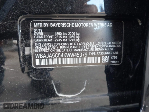 2019 BMW 5 Series 530i with VIN WBAJA5C54KWW45379, listed as a IAAI auction lot 41276092 with 77,025 mi miles. Bid and sale history available at carsss.com. Image 9.