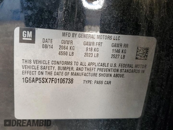 2015 Cadillac CTS RWD с VIN 1G6AP5SX7F0106738, выставлен на аукционе Copart как лот 55088635 с пробегом 125 455 миль миль и Списание • Salvage title. История ставок и продаж доступна на DreamBid. Изображение 13.