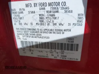 2007 Ford F-150 XLT with VIN 1FTPX14V47NA23123, listed as a IAAI auction lot 42327107 with 266,552 mi miles and . Bid and sale history available at DreamBid. Image 9.