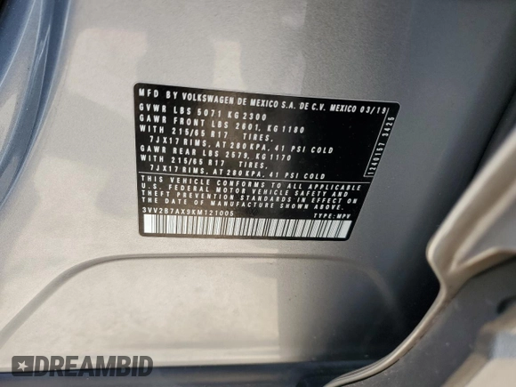 2019 Volkswagen Tiguan SE with VIN 3VV2B7AX9KM121005, listed as a Copart auction lot 50185215 with 60,192 mi miles and Salvage Title. Bid and sale history available at DreamBid. Image 13.