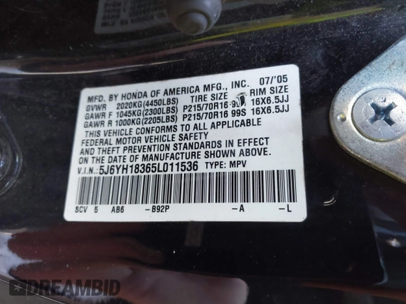 2005 Honda Element LX with VIN 5J6YH18365L011536, listed as a IAAI auction lot 41664563 with 223,380 mi miles and . Bid and sale history available at DreamBid. Image 9.