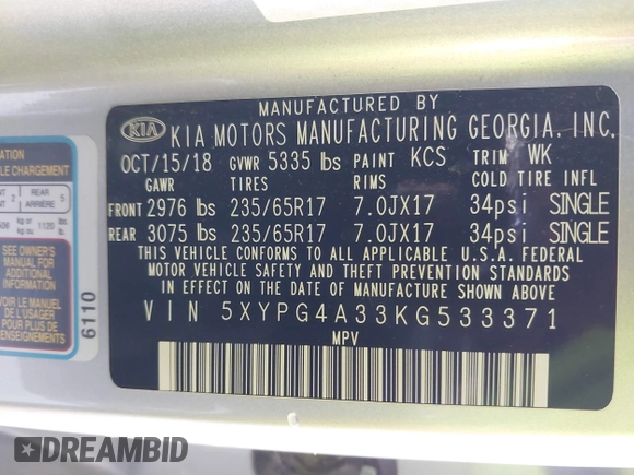 2019 Kia Sorento LX with VIN 5XYPG4A33KG533371, listed as a IAAI auction lot 41602096 with 122,231 mi miles. Bid and sale history available at carsss.com. Image 9.