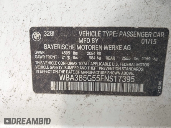 2015 BMW 3 Series 328i xDrive с VIN WBA3B5G55FNS17395, выставлен на аукционе IAAI как лот 42511002 с пробегом 228 228 миль миль и . История ставок и продаж доступна на DreamBid. Изображение 9.