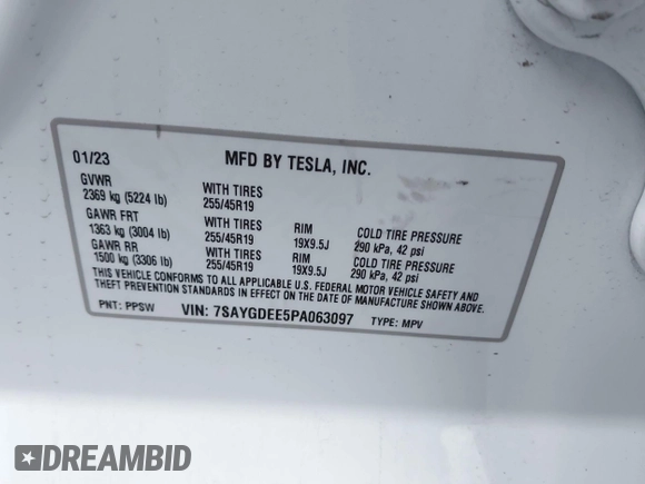 2023 Tesla Model Y Long Range z VIN 7SAYGDEE5PA063097, wystawiony jako IAAI lot #42171871 z przebiegiem Nie podano mil oraz . Historia ofert i sprzedaży dostępna na DreamBid. Obrazek 9.