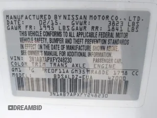 2015 Nissan Sentra SV with VIN 3N1AB7APXFY248230, listed as a IAAI auction lot 41613507 with 168,744 mi miles and . Bid and sale history available at DreamBid. Image 9.