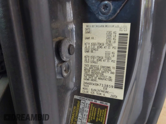 2013 Nissan Frontier SV with VIN 1N6AD0CW3DN713859, listed as a IAAI auction lot 42562240 with 127,403 mi miles and . Bid and sale history available at DreamBid. Image 9.