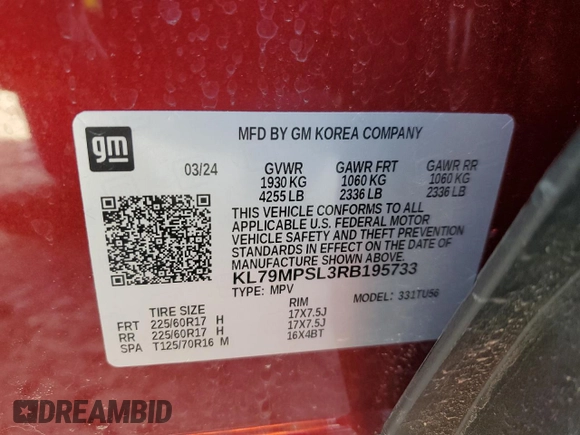 2024 Chevrolet TrailBlazer LT with VIN KL79MPSL3RB195733, listed as a Copart auction lot 48359405 with 5,331 mi miles and Salvage Title. Bid and sale history available at DreamBid. Image 13.