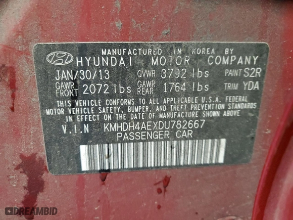 2013 Hyundai Elantra GLS PZEV with VIN KMHDH4AEXDU782667, listed as a Copart auction lot 82669084 with 89,435 mi miles and Salvage Title. Bid and sale history available at carsss.com. Image 12.