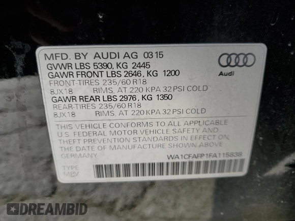 2015 Audi Q5 Premium with VIN WA1CFAFP1FA115838, listed as a Copart auction lot 83632794 with 154,199 mi miles and Salvage Title. Bid and sale history available at carsss.com. Image 15.