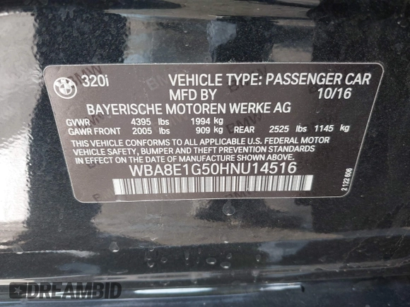 2017 BMW 3 Series 320i with VIN WBA8E1G50HNU14516, listed as a IAAI auction lot 41433532 with 119,742 mi miles. Bid and sale history available at carsss.com. Image 9.