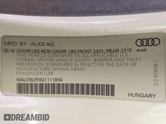 2016 Audi A3 2.0T Premium with VIN WAU78LFF9G1111894, listed as a IAAI auction lot 41758414 with 80,600 mi miles. Bid and sale history available at carsss.com. Image 9.