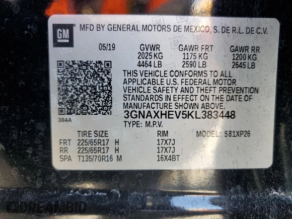 2019 Chevrolet Equinox LS with VIN 3GNAXHEV5KL383448, listed as a Copart auction lot 52693805 with 73,439 mi miles and Non Repairable. Bid and sale history available at DreamBid. Image 16.