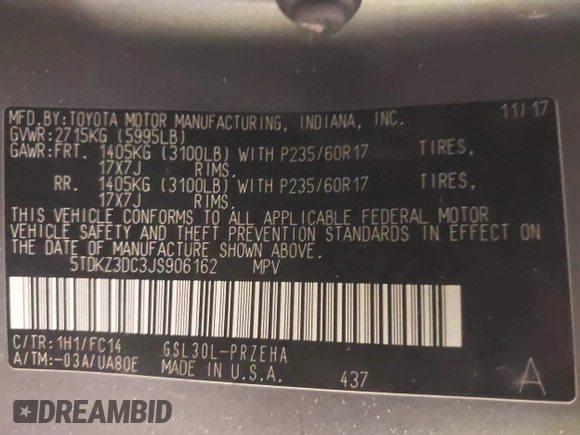 2018 Toyota Sienna LE Auto Access Seat with VIN 5TDKZ3DC3JS906162, listed as a IAAI auction lot 41863331 with 200,655 mi miles. Bid and sale history available at carsss.com. Image 9.