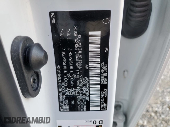 2024 Toyota 4Runner SR5 z VIN JTEMU5JR5R6292041, wystawiony jako Copart lot #59817895 z przebiegiem 9 451 mil mil oraz Szkoda całkowita • Salvage title. Historia ofert i sprzedaży dostępna na DreamBid. Obrazek 12.