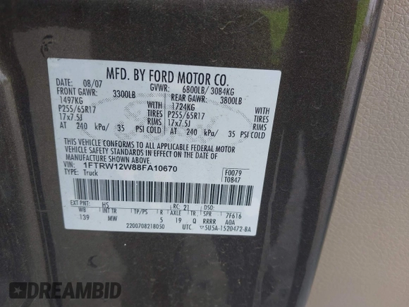 2008 Ford F-150 XL with VIN 1FTRW12W88FA10670, listed as a IAAI auction lot 42504005 with 233,541 mi miles and . Bid and sale history available at DreamBid. Image 9.